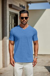 T-shirt pour homme à col en V, coton premium, manches courtes, vêtement décontracté, écologique, séchage rapide, tissu doux et respirant, coupe ajustée, 180g, été - Product Image 3