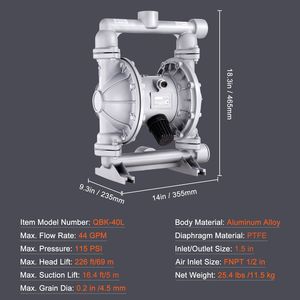 Pompa a Doppio Diaframma ad Aria Compressa 44GPM Max 115PSI con 2 Diaframmi Extra da 1 1/2 Pollici per Attrezzature di Trasporto di Prodotti Chimici - Product Image 3