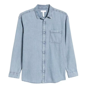 Chemise en jean délavé bleu clair pour homme, en coton, à manches longues, avec poche unique, boutonnée sur le devant, style robuste pour le travail - Product Image 4