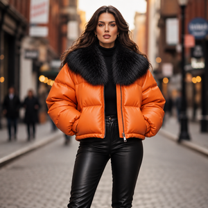 Chaqueta Acolchada de Cuero Genuino a Cuadros Naranja para Mujer con Cremallera, Cuello de Piel de Zorro, 85% Resistente al Viento, Desmontable, Estilo Urbano para Invierno - Product Image 4