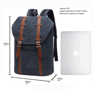 Classic Canvas <b>Backpack</b> <b>Navy</b> <b>Blue</b> Brown Leather Straps Hasps Closure Unisex Softback Daily Use 20-37L - Product Image 3