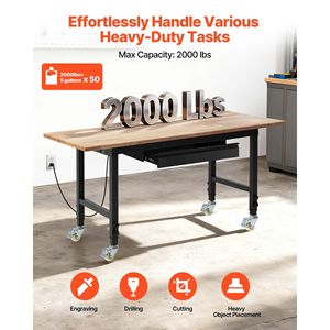 Banc de travail en bois de chêne réglable de 60 x 24 pouces, capacité de 2000 livres, table de travail en bois massif robuste pour garage, atelier, bureau à domicile - Product Image 2