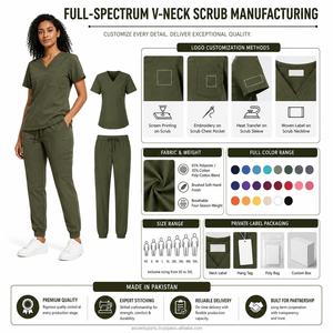 Tenue médicale unisexe de qualité supérieure en tissu tissé Spandex/Polyester, ensemble de blouses classiques à col en V, vert olive, respirant, avec poches élastiques - Product Image 4