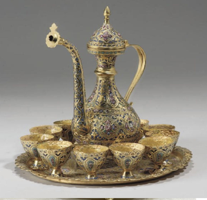 Persian-inspired gold and blue tea <b>set</b> with a long-spout pitcher and small <b>bowls</b>. Available at wholesale prices. - Product Image 1