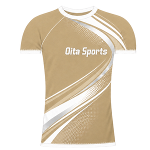 Maillot de compression athlétique à manches courtes beige et blanc personnalisé, col ras du cou, motif vague, pour entraînement de performance et sports nautiques - Product Image 1
