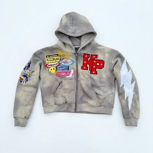 Conjunto de Sudadera con Capucha y Pantalones Cortos para Hombre, Diseño Gris con Parches, Estilo Urbano, Chándal Vintage Lavado, Ropa Deportiva para Exteriores, Venta al Por Mayor OEM - Product Image 2