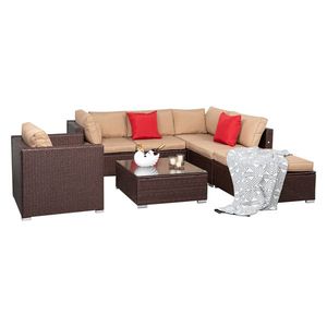 7-Piece Wood Grain Patio PE Wicker Rattan Corner Sofa Set for Garden Settings - Product Image 5
