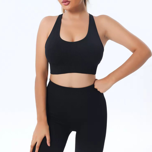 Ensemble de yoga côtelé pour femme en promotion : Soutien-gorge de sport et leggings taille haute unis à effet froncé, tenue d'entraînement sans couture et légère - Product Image 4