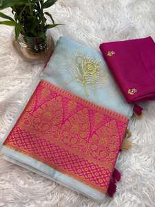 Sari de Fiesta de Organza de Seda Pura con Jacquard Kanchipuram Rani y Borde Jacquard, con Trabajo de Zari Dorado, Sin Arrugas y de Secado Rápido - Product Image 4