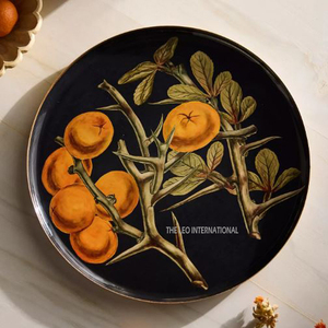Assiettes rondes classiques en émail noir, design luxueux et unique, élégant et créatif, imprimé branche d'arbre orange, plateau - Product Image 1