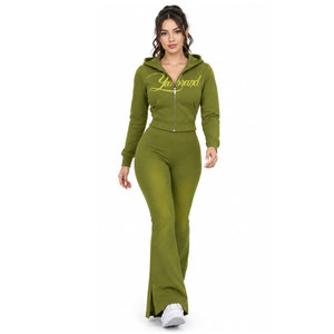 Conjunto Deportivo con Capucha para Mujer, Color Verde Oliva, Marca Yourbrand, Manga Larga, Cierre Frontal con Cremallera, Estampado de Letras, Dobladillo Dividido, Estilo Urbano - Product Image 4