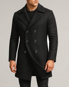 Manteau en Laine Homme Simple Boutonnage à Revers Crantés Long et Épais Coupe Droite Noir Réversible Anti-Plis Écologique - Product Image 1