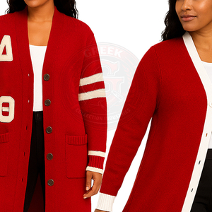Cárdigan largo de punto rojo personalizado de la hermandad Delta Sorority con rayas blancas, suéteres para mujer con logo de letras griegas, manga larga con botones, estilo preppy. - Product Image 6