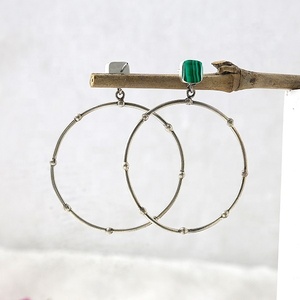 Natural Malachite Stone Cushion Hoop Drop <b>Earrings</b> for Women <b>Silver</b> Plated Beaded Open Circle Statement <b>Dangle</b> <b>Earrings</b> - Product Image 4