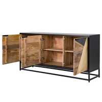 Buffet moderne industriel fait main en bois de manguier écologique avec incrustations géométriques dorées, 3 portes, base métallique, luxe pour salon