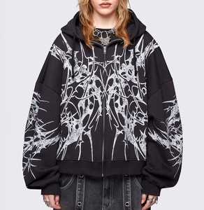 Sweat-shirt à capuche noir zippé pour femme, imprimé abstrait gothique, style streetwear, écologique, automne-hiver, vente en gros - Product Image 1
