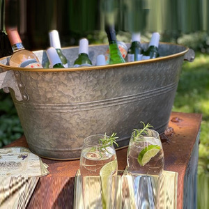 Modern Cream White Oval Galvanized Steel <b>Ice</b> Bucket With Wire Side Handles Powder Coated Metal Party Beverage Tub Supply - Product Image 6