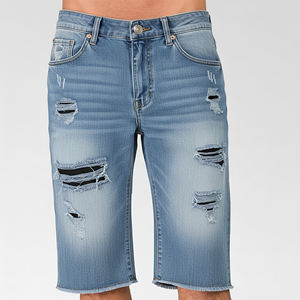 Pantalones cortos vaqueros vintage rasgados de color azul claro, lavados con efecto desgastado, con cierre de cremallera, de mezclilla, resistentes al viento, de algodón transpirable de alto gramaje, ¡los más vendidos! - Product Image 1