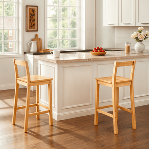 Set di 2 Sgabelli da Bar Moderni in Pelle, Altezza 24 Pollici, con Schienale Completo in Legno e Poggiapiedi, Finitura in Pino per Cucina e Hotel - Product Image 1