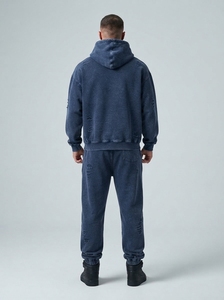 Conjunto de Sudadera con Capucha y Pantalones Deportivos para Hombre, Color Azul Marino, Lavado Ácido, con Estampado Gráfico, Algodón Grueso, Ropa Deportiva Urbana, Marca Privada Personalizada - Product Image 2