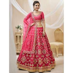 Lehenga Choli de Seda Artística con Bordado Zari Rosa, Semi-Confeccionado, para Compromiso, de Zeel Clothing - Product Image 2