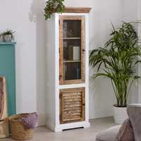 Armoire d'angle moderne en bois massif blanc et bois naturel avec 2 portes à persiennes et porte vitrée haute, au design durable et écologique