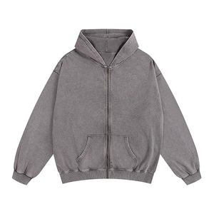 Sweat à capuche zippé pour homme Winters Grey 100% Coton Polaire, délavé à l'acide, teint uni, brodé, coupe oversize, effet délavé soleil - Product Image 1