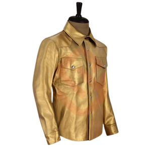 Best Shiny Metallic <b>Leather</b> <b>Jacket</b> For Men's New Shirt Style <b>Real</b> Sheep Hide Golden <b>Leather</b> <b>Jacket</b> For Stage Performance - Product Image 4