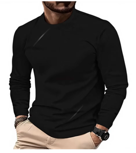T-shirt décontracté pour homme, noir, à manches longues, tricoté, col rond, coupe ajustée, couleur unie - Product Image 1