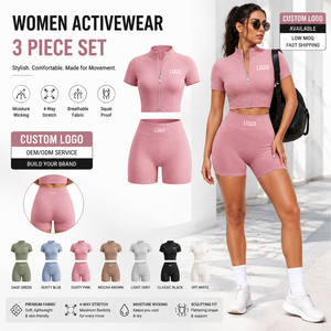Ensemble de 3 pièces pour femme : jupe de sport, crop top zippé et short, en coton écologique, avec logo personnalisé, vente en gros - Product Image 3