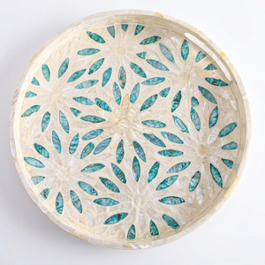 Round Mother of Pearl Inlay Serving Tray Turquoise Shell <b>Mosaic</b> Decorative <b>Table</b> Ottoman Tray with Handles for Home Living Room - Product Image 1