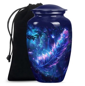 Urne funéraire personnalisée en aluminium de grande taille avec motif plume cosmique bleue, récipient pour cendres d'adultes, pour fournitures funéraires - Product Image 1