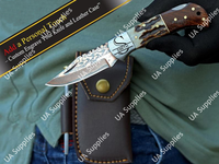 Couteau utilitaire professionnel pliable de poche EDC en acier Damas cuivré avec manche en corne de cerf pour le camping, la chasse, la survie, le bricolage, OEM