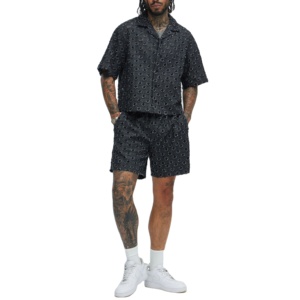 Men's <b>Geometric</b> Print Short Sleeve <b>Shirt</b> & Shorts Set Turn-Down Collar Casual Summer Wear Breathable Woven Polyester - Product Image 1