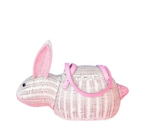 Cute Rabbit Shaped <b>Wicker</b> Storage <b>Basket</b> With Pink <b>Handles</b> Plant Fiber Handmade Animal Design Decorative Organizer - Product Image 2