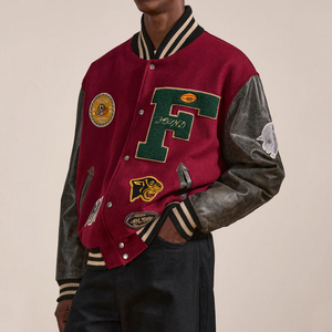 Found Men's Red Varsity <b>Jacket</b> With Embroidered <b>Patches</b> And Leather Sleeves Preppy Style Autumn Wear - Product Image 3