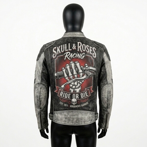 Mens <b>Vintage</b> Distressed Leather Motorcycle <b>Jacket</b> Graphic Skull Roses Racing Biker Cafe <b>Racer</b> Coat Outerwear Custom Wholesale - Product Image 2