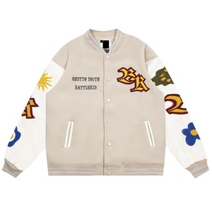 Blouson universitaire brodé pour homme, col rond, coupe classique, automne, décontracté, motif de lettres logo au dos, mélange polyester-coton - Product Image 1