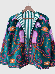 Blazer en velours brodé à la main motif pieuvre, manches longues, col rabattu, pour adulte, collection automne, veste à motif animalier - Product Image 5