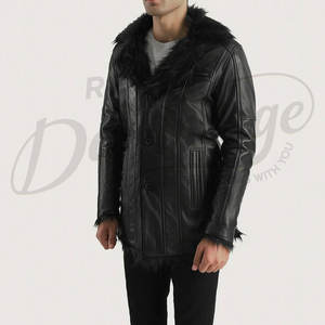 Chaqueta de Cuero Genuino Negra para Hombre con Cuello de Piel Negra, Chaqueta Bomber de Piel de Oveja con Forro de Felpa Cálido para Invierno, Corte Ajustado Informal - Product Image 4
