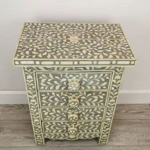 Mesa de Cajones con Incrustaciones de Hueso de ILAHI, Diseño Moderno con Detalles de Ágata, Almacenamiento de Tres Niveles, Mueble Portátil para el Hogar - Product Image 1