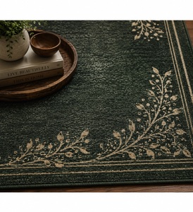 Tapis d'intérieur vintage à poils plats, motif feuille, en laine/soie, fabriqué à la machine, tufté à la main, avec bordure verte, antidérapant en latex, pour chambre et salon - Product Image 3