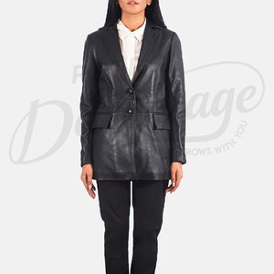 Chaqueta Blazer de Cuero Genuino Negro para Mujer, Corte Entallado, Piel de Oveja Premium, Dos Botones, Formal, Casual, de Negocios, Abrigo Largo - Product Image 3