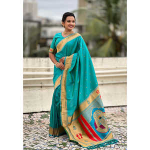 Sari en soie Paithani tissé Zari bleu aqua Elite Weaves, 650g, vêtements indiens et pakistanais - Product Image 1