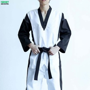 Uniforme de Taekwondo de Dos Tonos con Cuello en V, Dobok de Artes Marciales con Ribete de Cinta, Traje de Entrenamiento de Tela Acanalada con Cinturón Negro Nuevo - Product Image 4