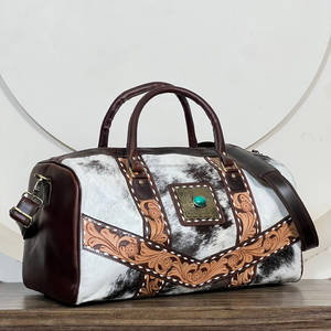 New Manufacturer Genuine Cowhide Leather <b>Duffel</b> <b>Bag</b> Western Tooled Leather Turquoise Concho Weekender Shoulder <b>Bag</b> for Women's - Product Image 3