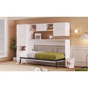 Lit Murphy double blanc avec étagères ouvertes et tiroirs de rangement, armoire intégrée et table - Product Image 6