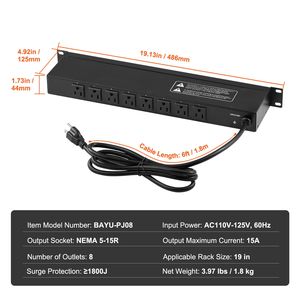 PDU a 8 Prese 1U con Interruttore Integrato, Protezione da Sovratensione e Sovraccarico, Montaggio a Rack per Server Standard da 19 Pollici - Product Image 4