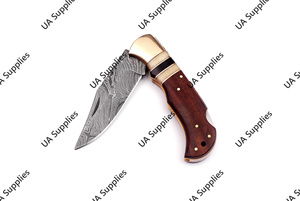 Couteau de poche pliant en acier Damas de haute qualité, indispensable pour l'extérieur, avec manche en bois naturel et étui en cuir, OEM ODM personnalisé - Product Image 4