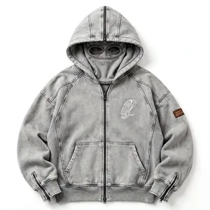 Sudadera con capucha y cremallera YKK, estilo balaclava, con lavado ácido personalizado, vintage, desgastada, de corte holgado, estilo streetwear, oversize, con efecto máscara - Product Image 1